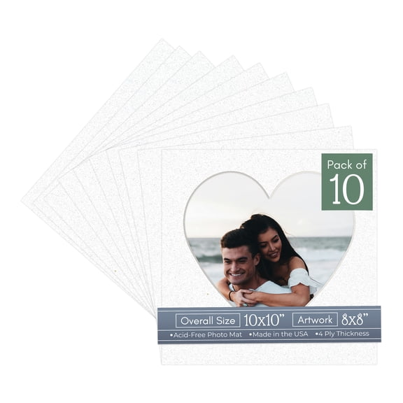 Oyster Shell White Picture Frame Mat for 10x10 Frames - Heart Opening for 8x8 Photos - 10 Mats