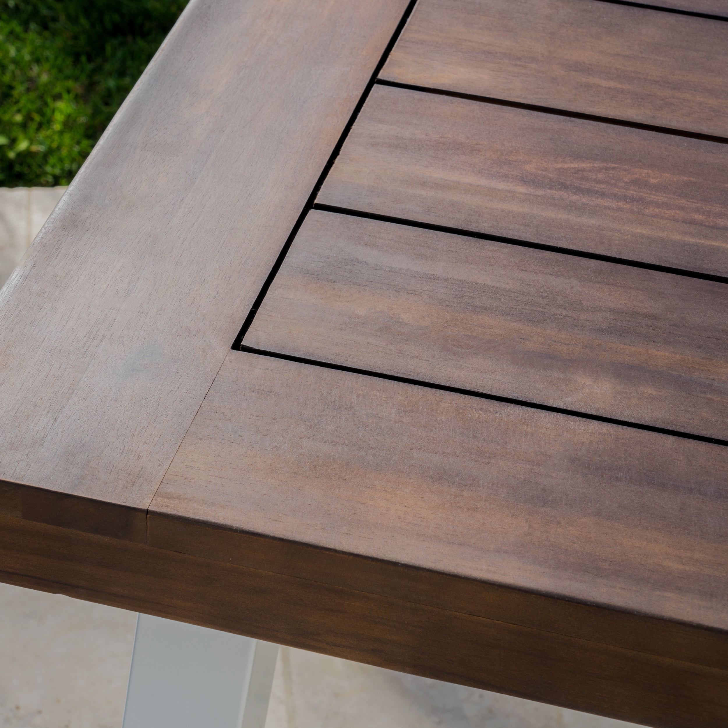 Elaina Outdoor Acacia Wood Dining Table with Metal Legs, Dark