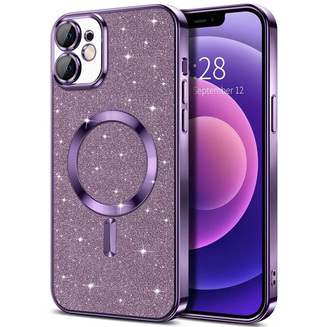 Étui Protecteur d'Objectif Électroplaqué pour iPhone 15 14 13 12 11 16 Pro Max Plus pour Charge Sans Fil Magsafe Pare-Chocs Pailleté Violet Foncé pour iphone15Promax