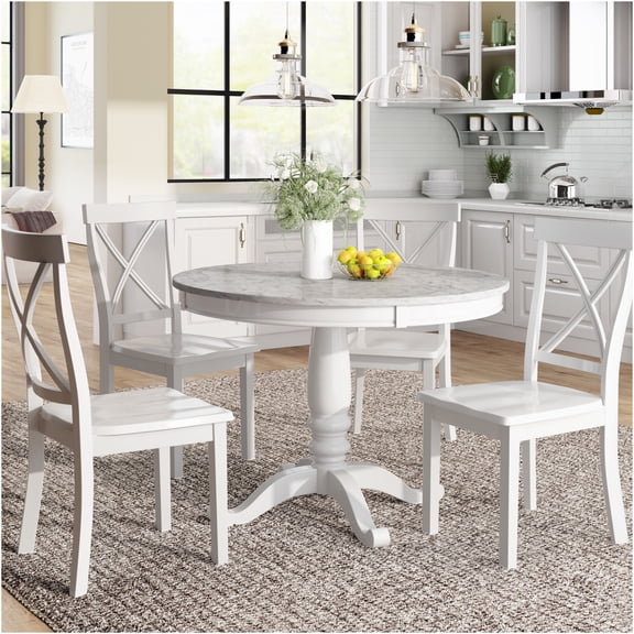 JERFIT 5-Piece White Dining Set with Faux Marble Tabletop, Solid Wood Chairs for Kitchen and Dining Room