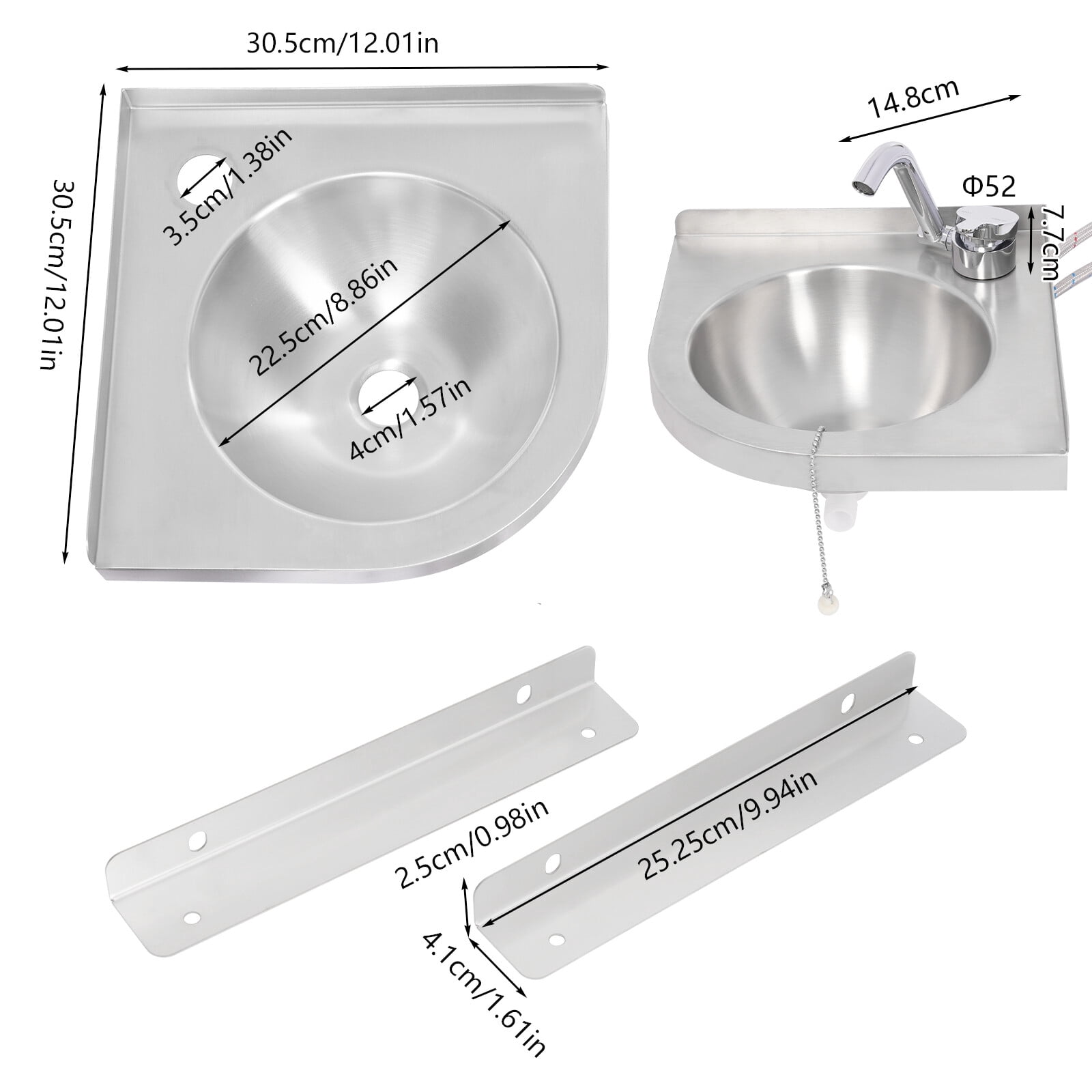 ToppiJoy Stainless Steel Single Bowl Sink, Triangle Wash Basin Thick Small Sink Corner for Kitchen Bathroom Lavatory (Silver)