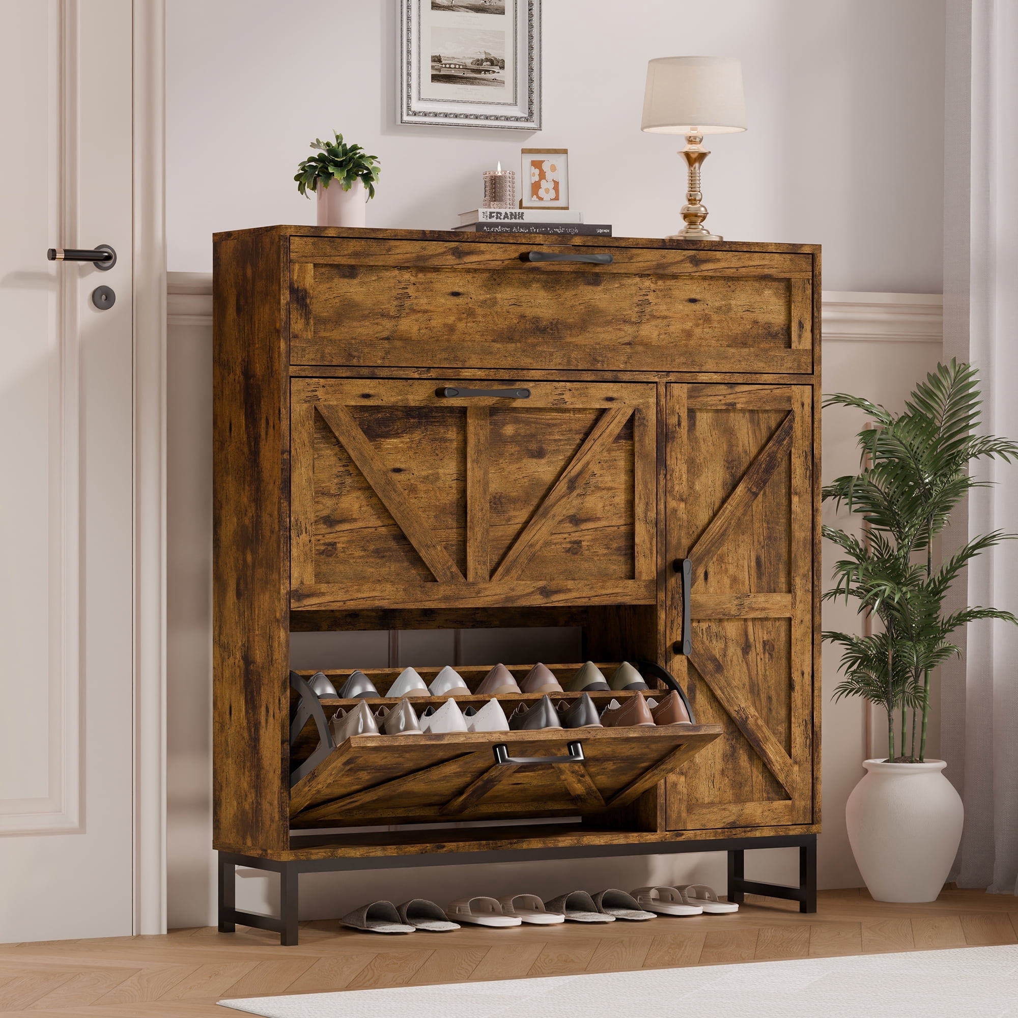 Slim Freestanding Shoe Storage Cabinet with 2 Flip Drawers, Shoe Rack with Open Storage for Entryway, Hallway, and Foyer, Brown