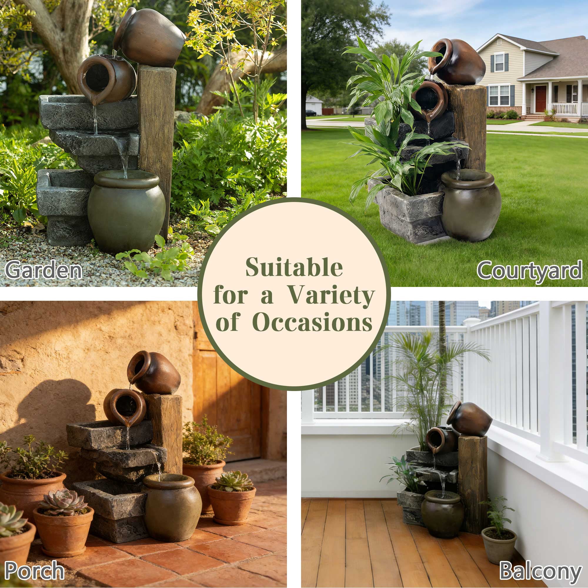 23.62" Outdoor Water Fountain, 4 Tiers Waterfall Fountain with Vintage Clay Pot Design, Indoor/Outdoor Floor Standing Water Feature for Garden, Patio