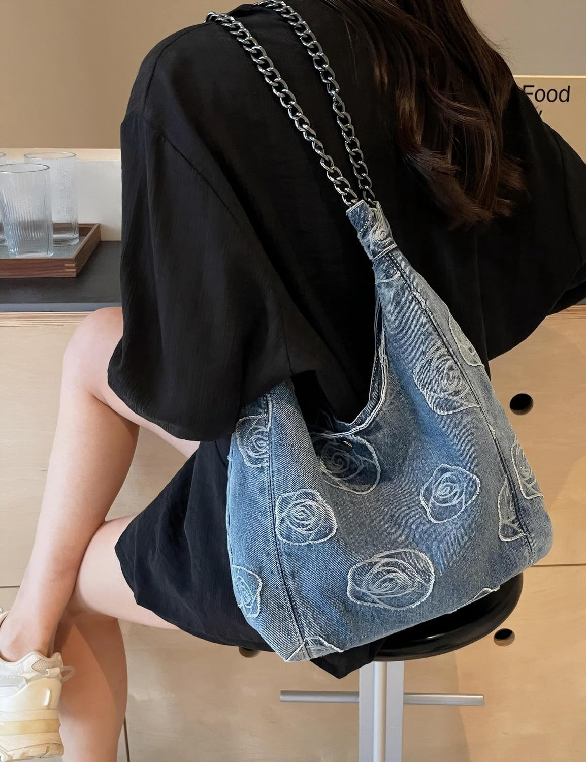 Denim Hobo Tote Bag for Women，Jean Casual Shoulder Purse with Floral Pattern、Chain Strap, Blue