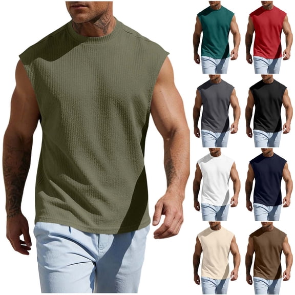 Men's Sleeveless Tank Top Cotton Blend Summer Vest Casual Solid Muscle Fit Breathable Quick Dry Gym Workout Streetwear Beach | Zenithor,Army Green L