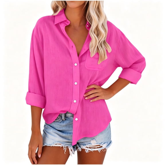 BCSIOAOI Womens Tops,Linen Collared Button Down Chest Pocket Solid Casual Shirts Hot Pink L