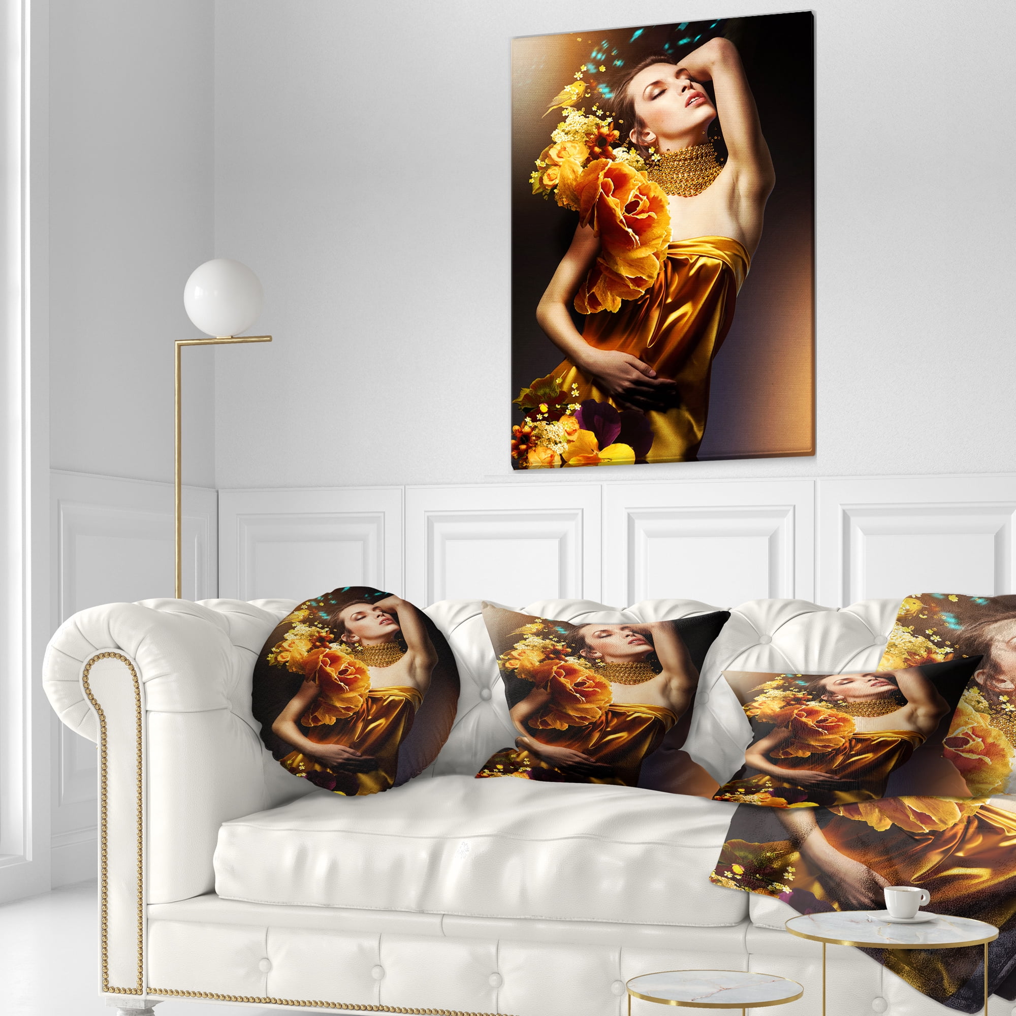 Designart Woman in Yellow Dress - Digital Art Portrait Throw Pillow - 12x20