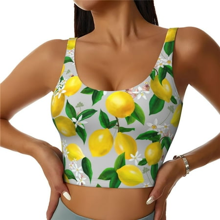 Jgfou Lemon Seamless Pattern Oil Painting Effect Print Womens Sports Bra - Padded Workout Sports Bras Crop Tank Top