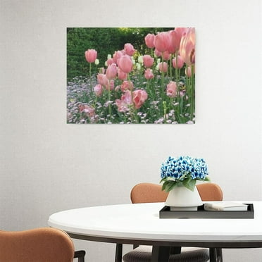 Lush Pink Tulip Spring Garden Scene - 2 Piece Wrapped Canvas Wall Art Set - 32x24 Inch Each - Floral Botanical Oil Painting Style Print - Nature Home Decor for Living Room, Bedroom Gift