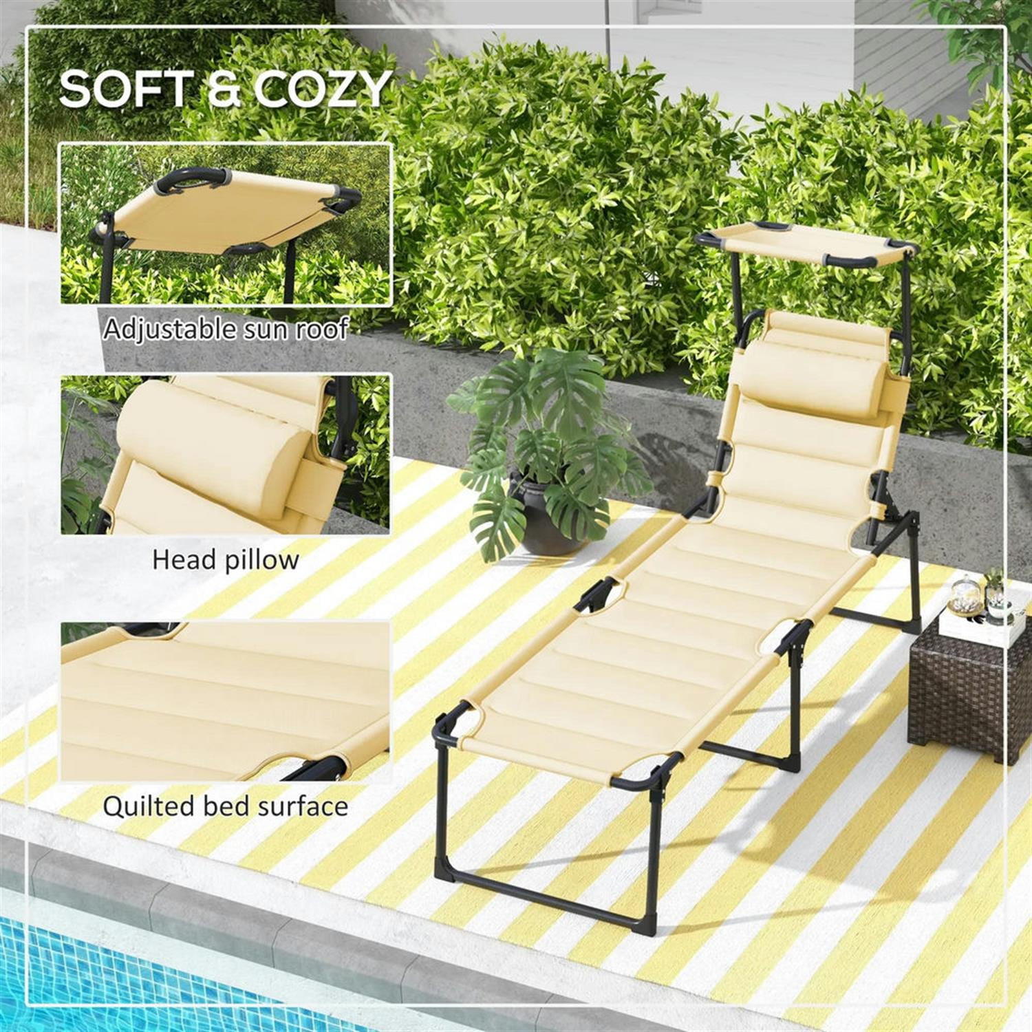 Demi Bonn Outdoor Folding Lounger with 4-Position Reclining, Pillow & Sun Canopy for Relaxing Patio, Deck, Comfortable Sun Protection Seating, Yellow