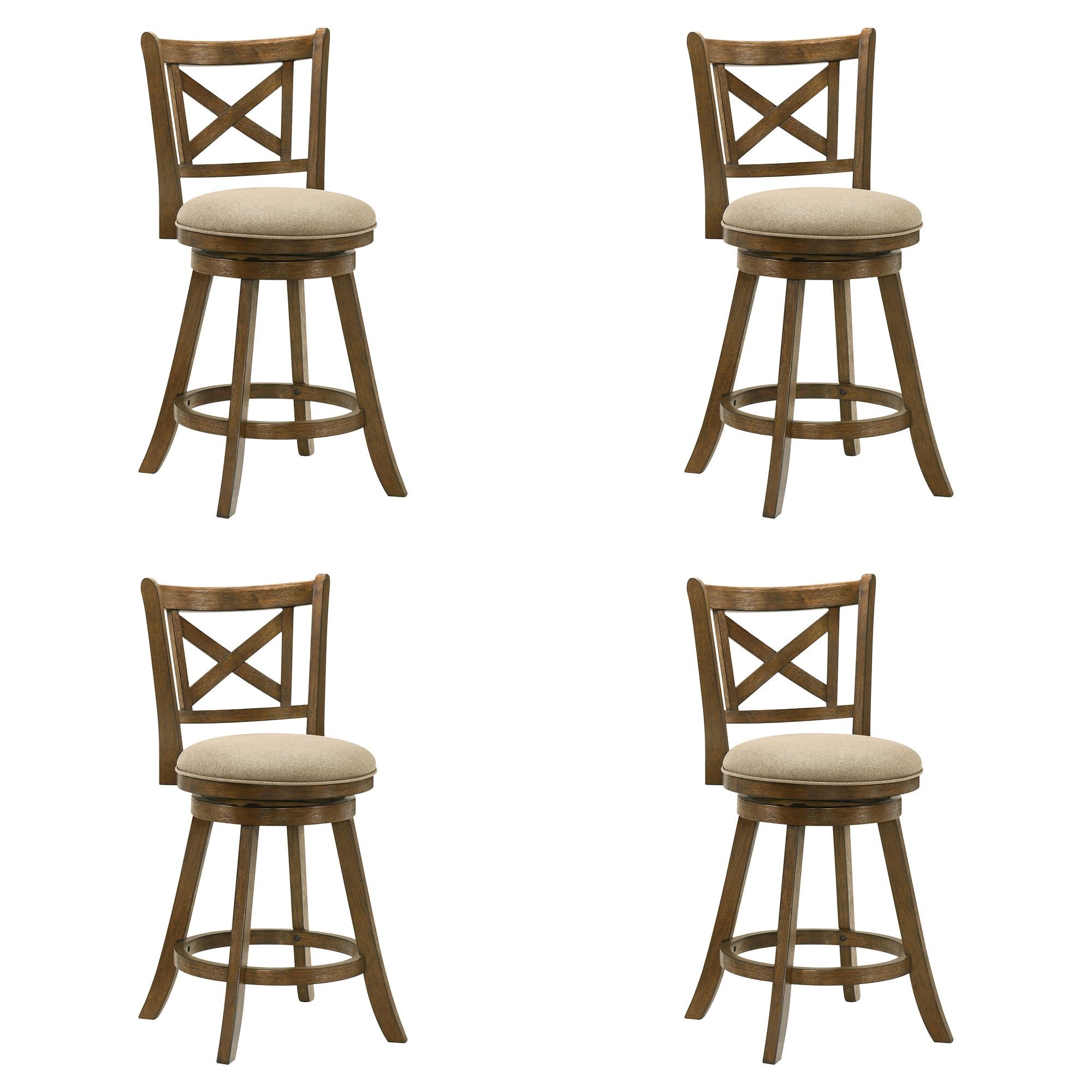 Kodi Modern Farmhouse Swivel Wood Counter Height Kitchen Bar Stool in Sepia Brown Finish with Light Scone Fabric Upholstered Seat - Set of 4
