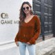 thumbnail image 1 of Suéter de punto de manga larga con cuello en V de hoja hueca de café rojo marrón para mujer nuevo estilo suelto de otoño e invierno, 1 of 4