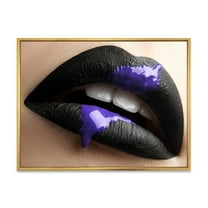 Designart 'Woman Lips With Black Lipstick & Purple Paint' Modern Framed Canvas Wall Art Print
