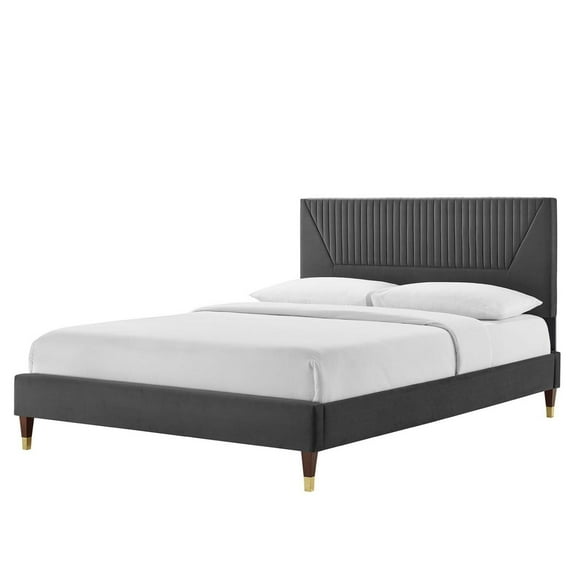 Platform Bed Frame, Tufted, King Size, Dark Grey Gray, Velvet, Mid Century Bedroom, Modern Contemporary Boutique HB35637