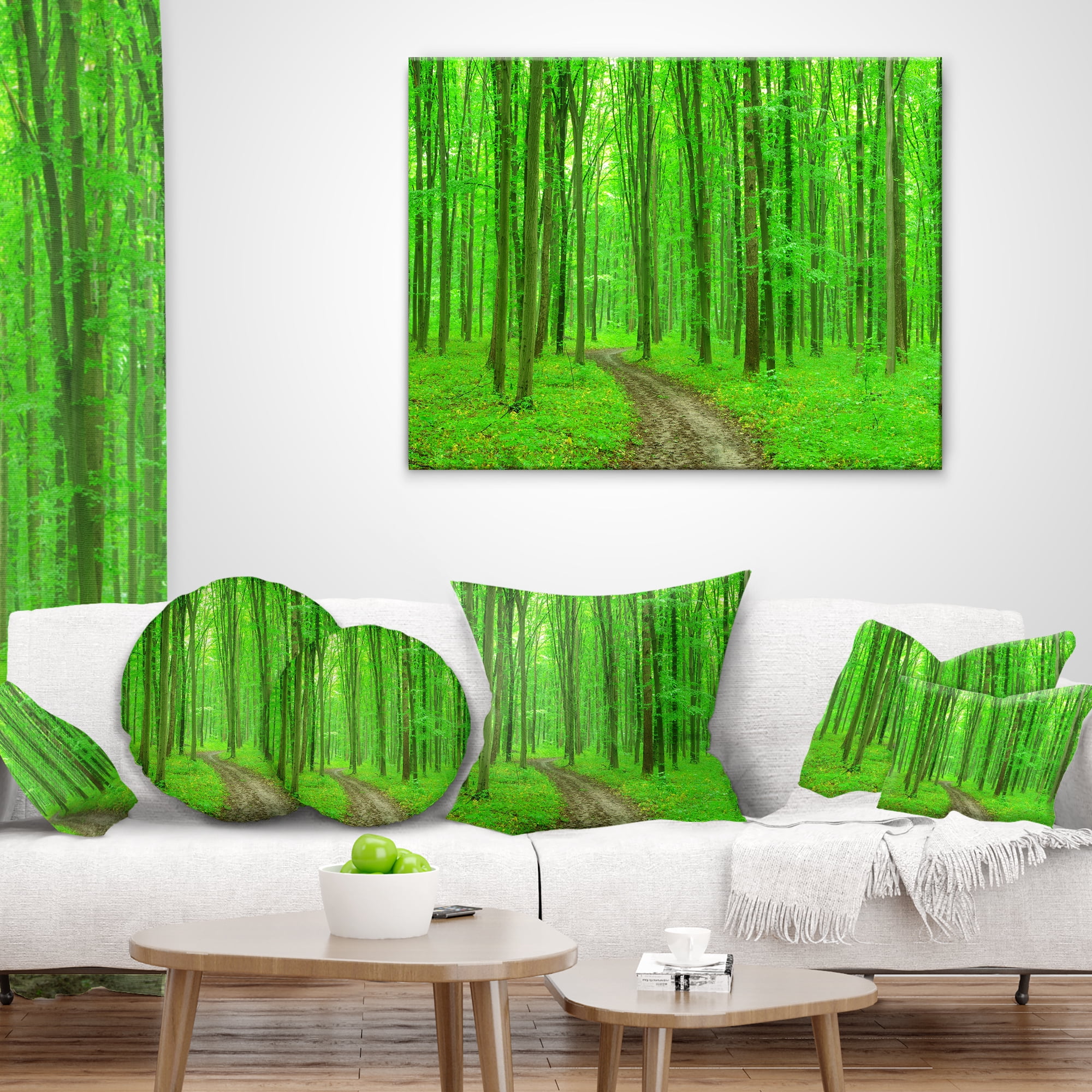 Designart Pathway in Bright Green Forest - Modern Forest Throw Pillow - 16x16
