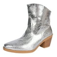 thumbnail image 5 of Rokment Metallic Wide Calf Boots for Women 2025 Fall Winter Fashion Leather Pointed Toe Chunky Stackable High Heel Cowboy Cowgirl Short Dress Ankle Booties Silver Size 8.5, 5 of 7