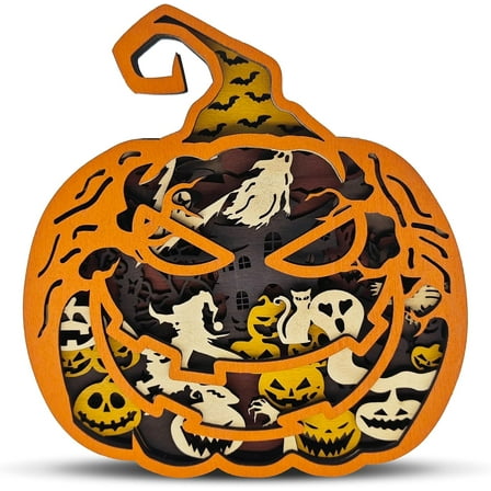 3D Wooden Carving, Halloween Pumpkin Decor, Multi-Layered Wood Carved Animal Statues, Rustic Figurines Wall Sculpture, Tabletop Decoration, Silhouette Ornament Art for Living Room Bedroom Home Room