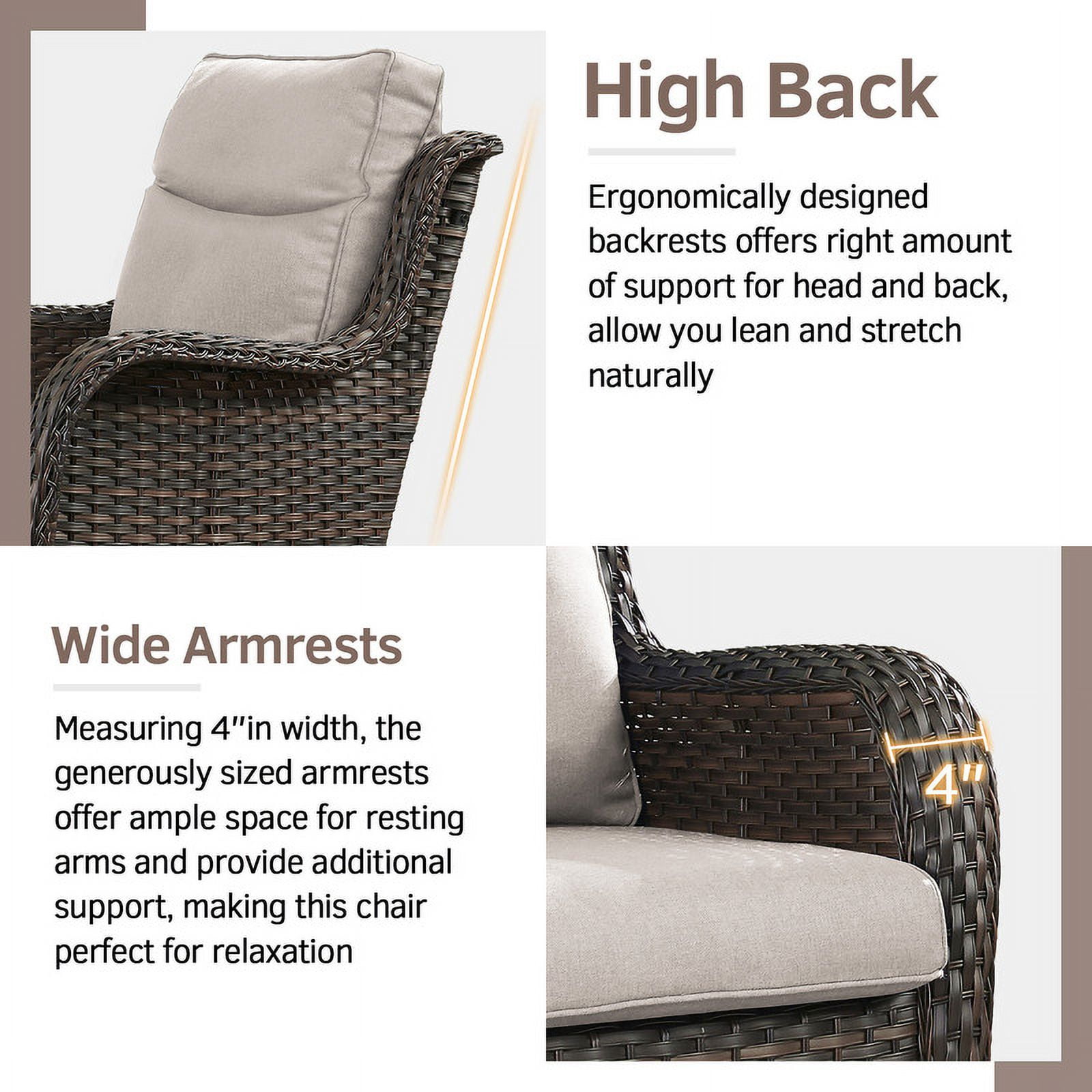 PARKWELL 3-Piece Patio Wicker Chairs Swivel Rocker Set,Outdoor High Back Swivel Glider Rocking Lounge Chairs with Side Table for Patio Deck Garden,Brown/Beige