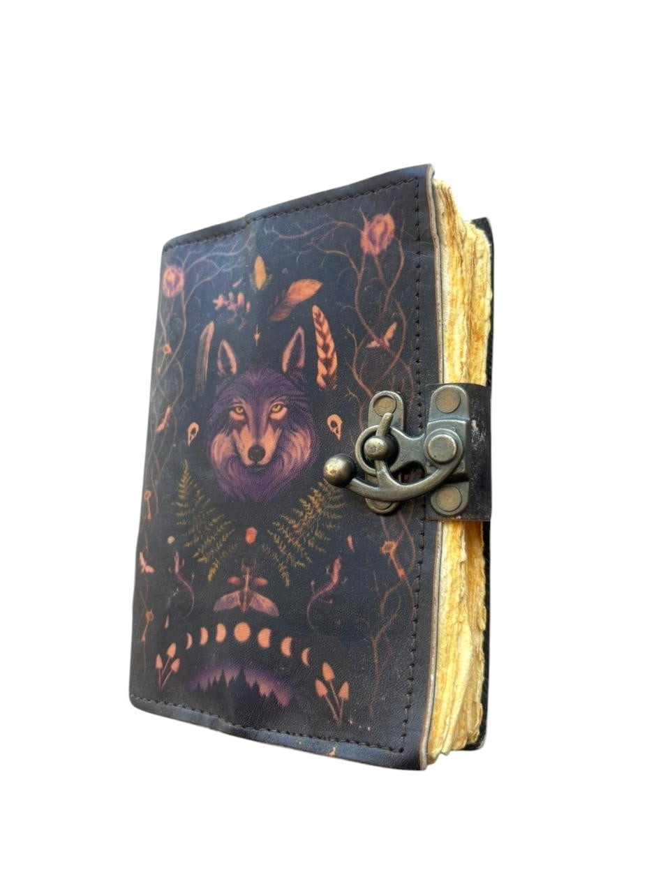 Handmade Leather Journal 5x7 – Wolf Design, 200 Deckle Edge Pages, Vintage Rustic Notebook with Clasp