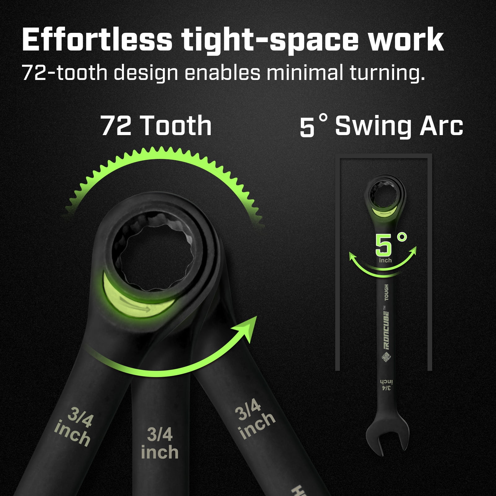 IRONCUBE 12-Piece Ratcheting Wrench Set: SAE 1/4" to 3/4" - 72-Tooth - Tough Black - Chrome Vanadium Steel - with Organizer