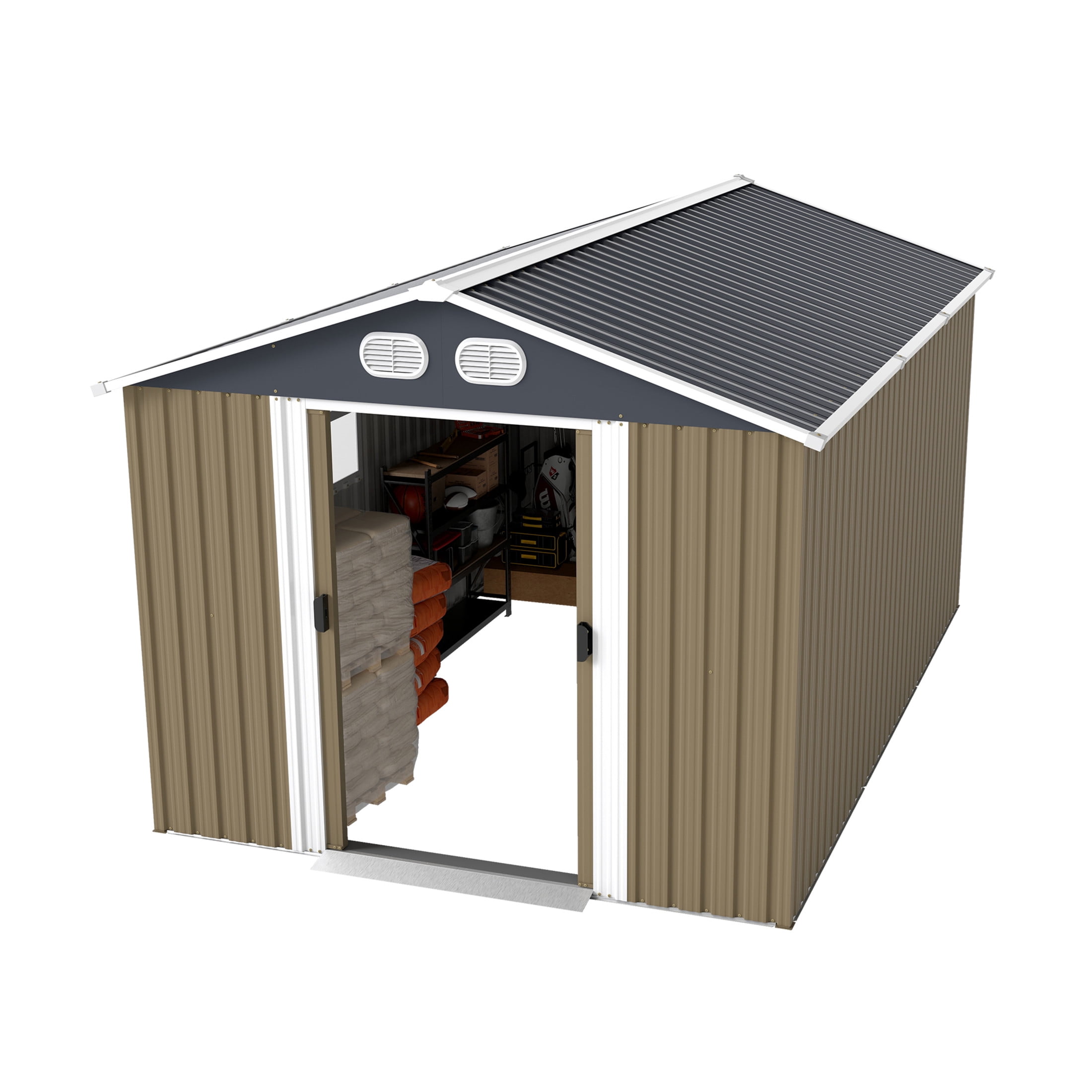 Noble House 8 x 12 FT Outdoor Metal Tool Storage Shed with Lockable Doors and Air Vents, Waterproof Garden Shed, Brown