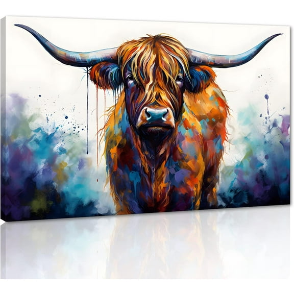 Graffiti Wall Art Highland Cow Pictures Decor Artwork Large Animal Posters Canvas Prints Colorful Long-Haired Cattle Painting Living Room Home Office Unframed Ready to Hang