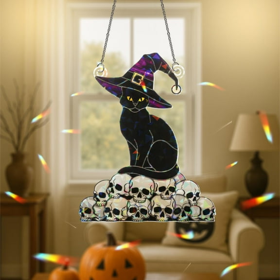 Witch Cat FAUX Stained Glass Suncatcher Holographic Acrylic Halloween Window Decor Black Cat on Skulls Gothic Sun Catcher
