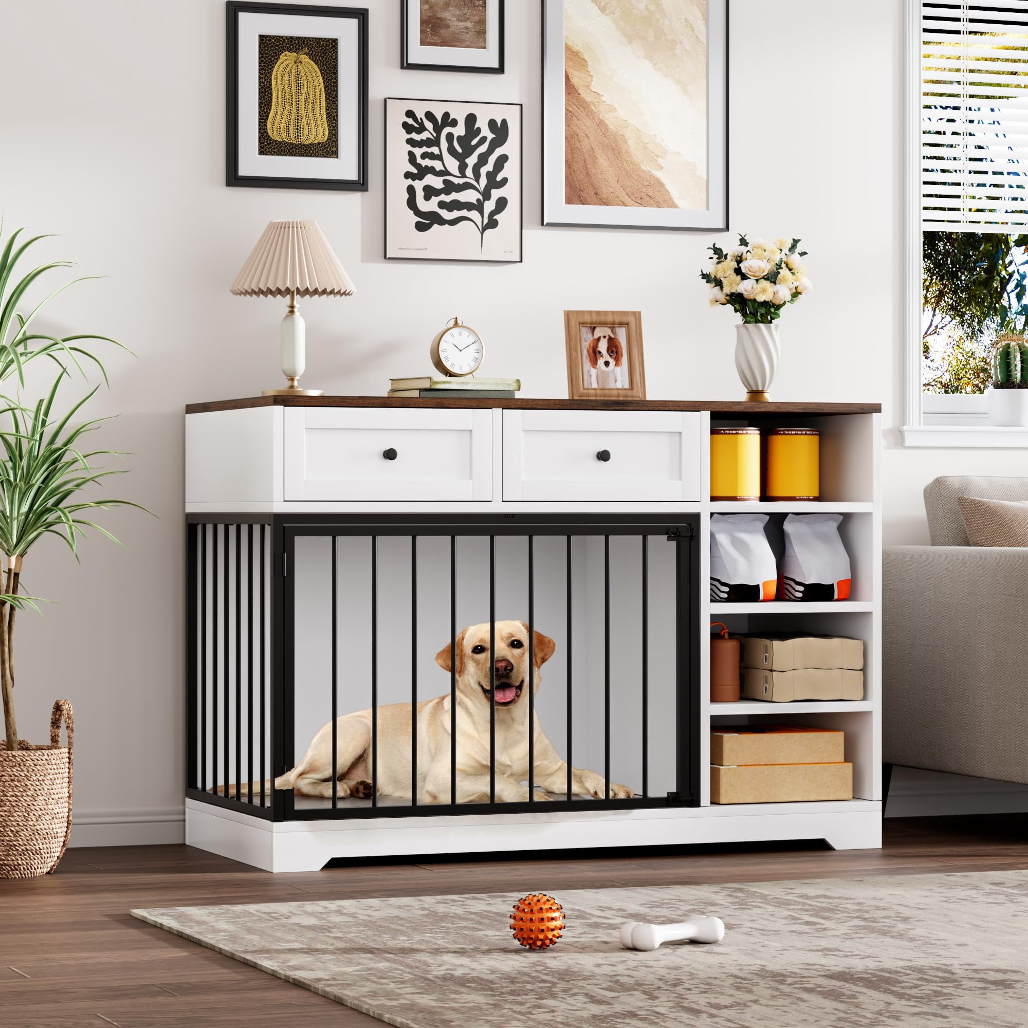 PYY Versatile 47.2" Dog Crate Furniture – 2 Drawers & 4 Shelves, Wooden Indoor Kennel TV Stand, Pet Bed for Small, Medium, Large Dogs, Home Office – Classic Color + White