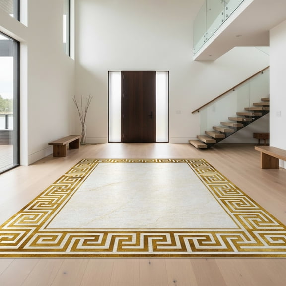 Design&I 8'x10' Washable Area Rug Ivory Gold Greek Key Border Retro Elegant Marble Design with Meander for King Size Bedroom, Under Bed, Sleek Flatweave Pet Friendly
