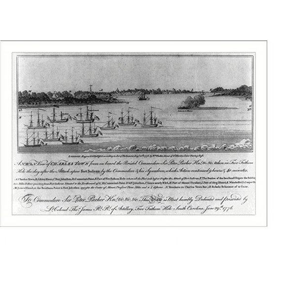 Historic Print, A N.W.b.N. view of Charles Town from on board the Bristol. taken in Five Fathom Hole the day after the attack upon Fort Sulivan by the Commodore & his squadron, which ac...18" x 24"