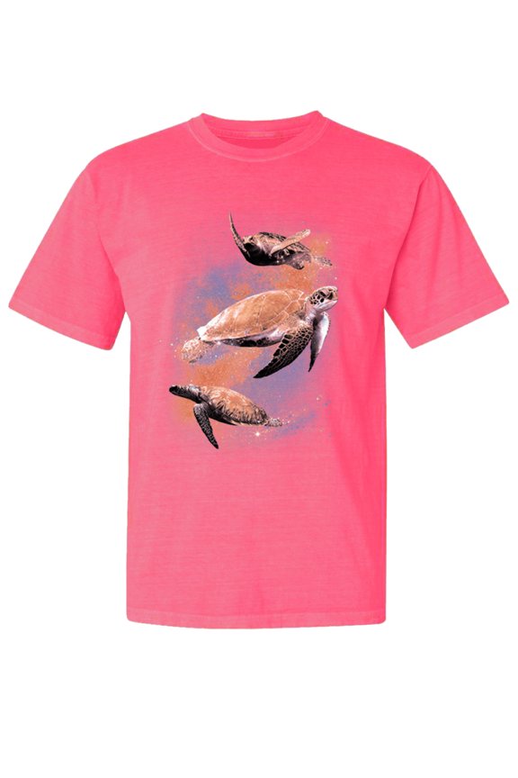 , Cute Lunar Space Turtles, Animal Lover, Garment-Dyed Washed Look Short Sleeve T-Shirt, Neon Pink, Medium