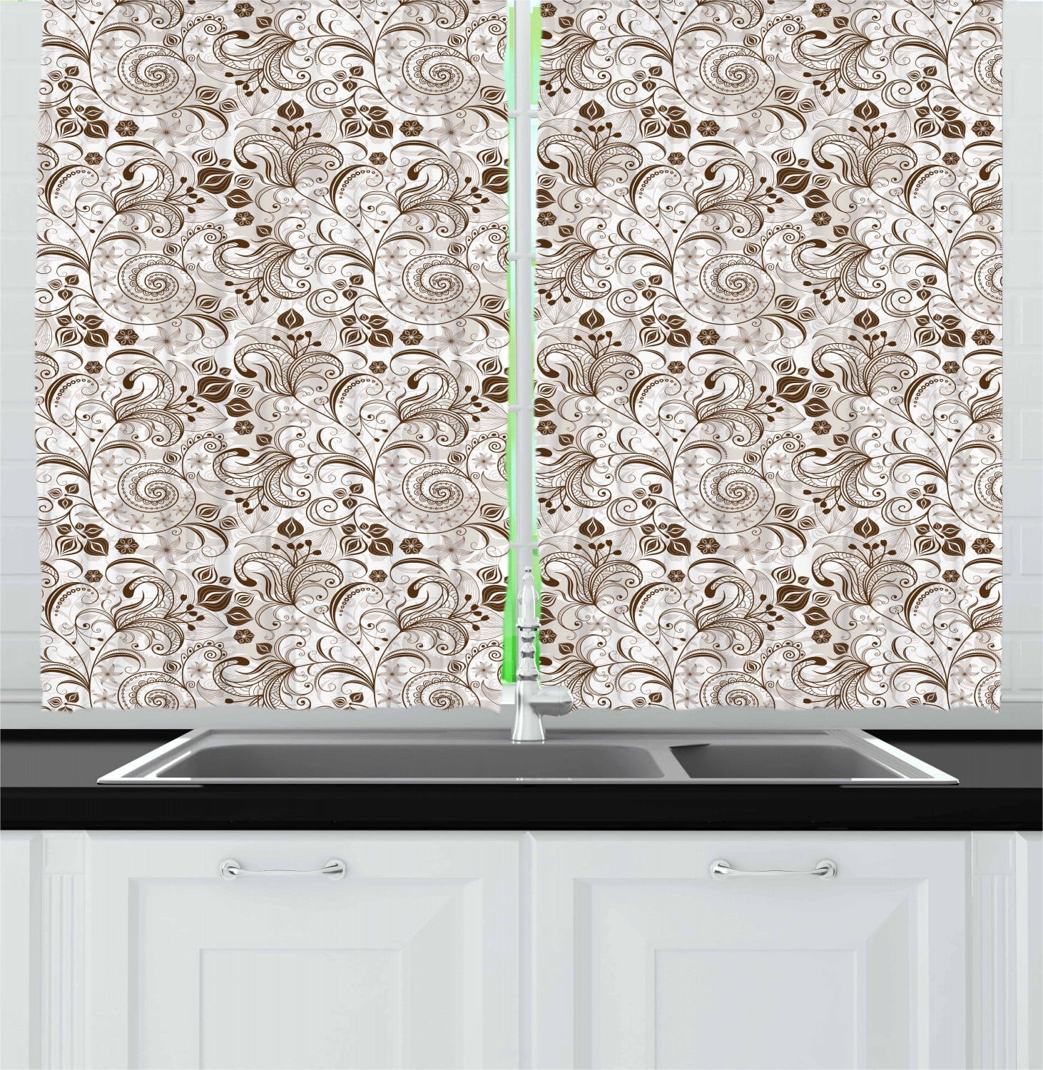 Chocolate Curtains 2 Panels Set, Classical Victorian Flowers and Leaves Abstract Arrangement with Vintage Look, Window Drapes for Living Room Bedroom, 55W X 39L Inches, Brown White, by Ambesonne