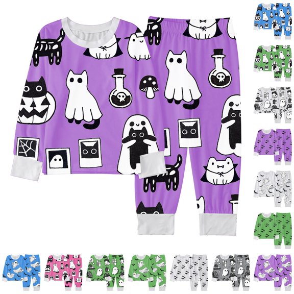 CUZIBR Girls Halloween Pajamas Sets Cute Bat Moon Print Crew Neck Long Sleeve Top Trousers Two Piece Outfit For Toddler Kids Party Loungewear For Ages 2 To 10 Years,D-Purple,8-9 Years
