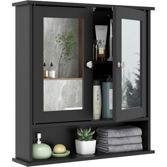 ZYPPPA Modern Bathroom Wall Cabinet with Mirror, Wall Mounted Medicine Cabinet with 2 Doors, Adjustable Shelf and Open Compartment, Space Saver Mirror Cabinet for Living Room, Entryway (Black)