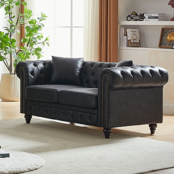 FX 63.5" Tech Fabric Chesterfield 3-Seater Sofa, Rolled Arms with Button Tufting & 2 Cushions - Waterproof Scratch-Resistant for Apartment, Office & Living Room