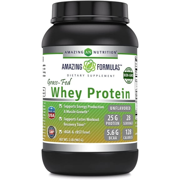Amazing Formulas Grass-Fed Whey Protein 2Lbs Supplement | Unflavored |28 Serving Per Unit | 25 Gram Protein per Serving | Made in USA
