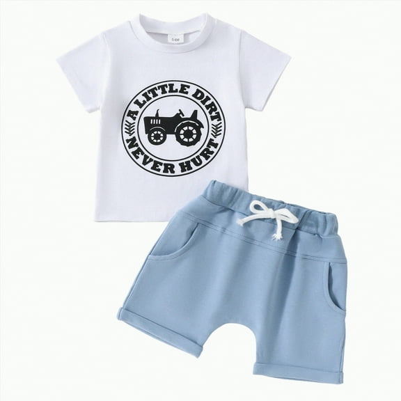 Gerichy Toddler Boys Clothes Baby Boy Outfit Sets Toddler Kids Boy Shorts Clothing Set 0 6 12 18 24 Months 2T 3T 4T Letter Tractor Print Short Sleeve Round Neck T-Shirt with Solid Shorts 2Pcs Outfit