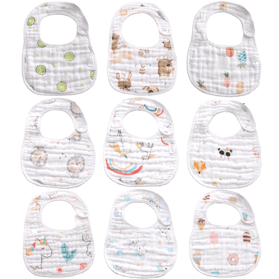 AWLYLNLL 9-Pack Muslin Drool Bibs for Baby Girls Boys, Adjustable Baby Bibs for Drooling and Teething, Soft Cotton Baby Bandana Bibs for Newborn Feeding Essentials