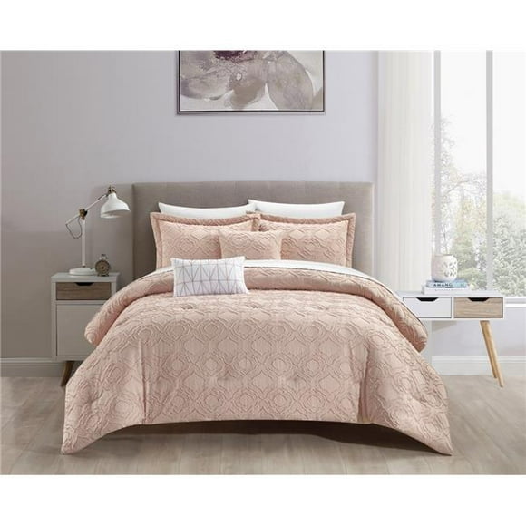Chic Home BCS32522-US Janai Clip Jacquard Geometric Quatrefoil Pattern Design Bedding Comforter Set&#44; Rose - King Size - 5 Piece