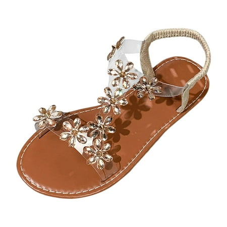 

HNMKIU Dark Heeled Sandals for Women Summer Elastic Band Rhinestone Casual Open Toe Flat Soft Bottom Breathable Shoes Sandals Gold 39