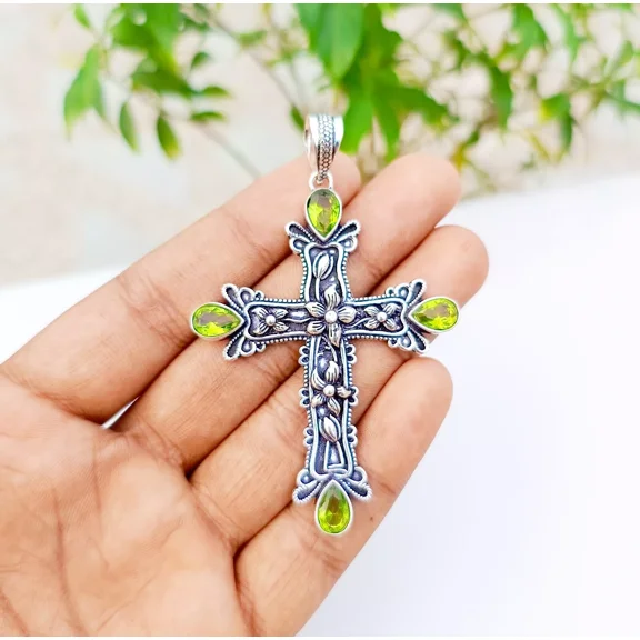 Green Peridot Cross Pendant 925 Sterling Silver Polished Handmade Gemstone Jewelry 2.83"