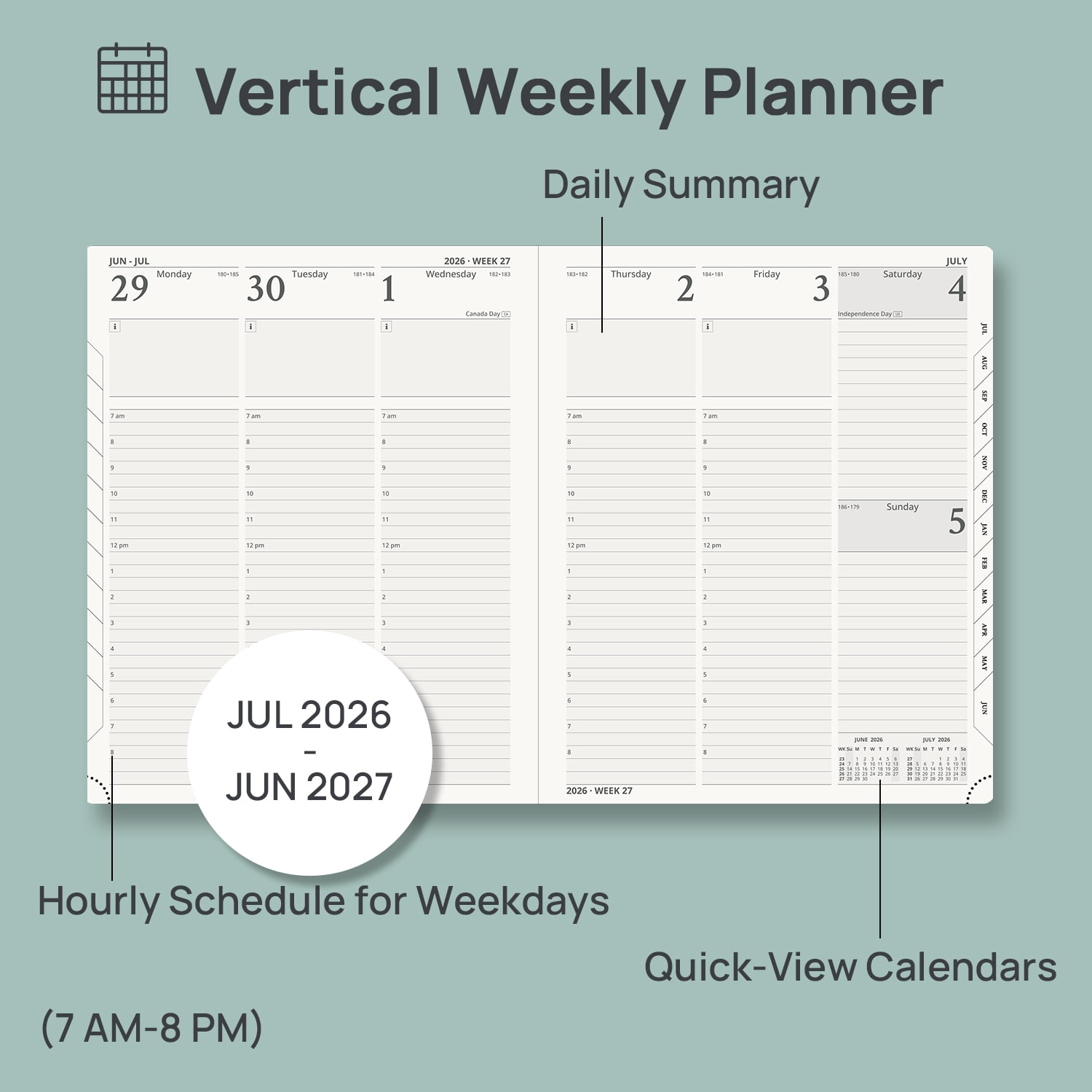 POPRUN Academic Planner 2026-2027, 8.5"x10.5", Weekly and Monthly Calendar (Jul.26-Jun.27), Flexible Cover, Monthly Tabs, 100 GSM Paper - Black