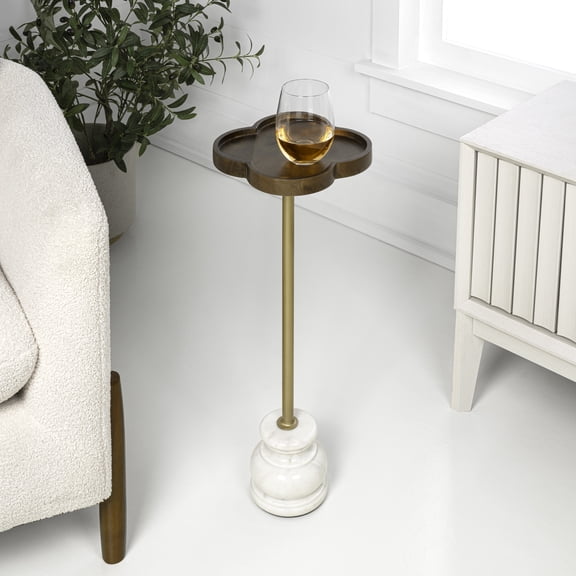 JONATHAN Y Colby 24.5" Classic Cottage Wood/Metal Drink Table and Decorative End Table with Quatrefoil Top and White Marble Base, Dark Brown/Gold, END3000B