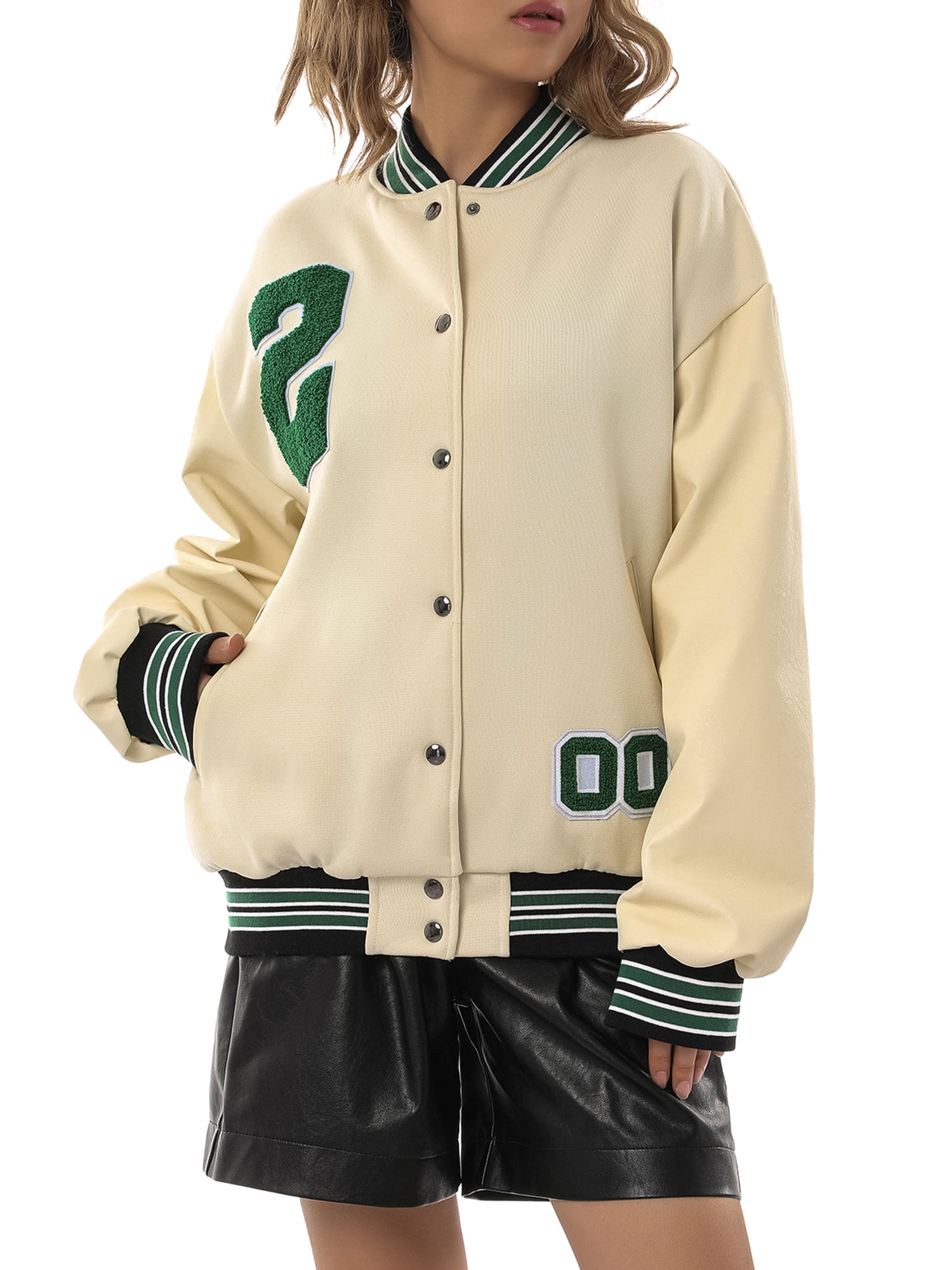 Fullvigor Women Baseball Jackets Leather Long Sleeve Letter Jackets