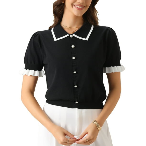 SUÉTER CÁRDIGAN DE MANGA CORTA CON DETALLES EN CONTRASTE INSPIRADO CHIC PARA MUJERES, SUÉTERES DE VERANO DE PUNTO TALLA XS NEGRO