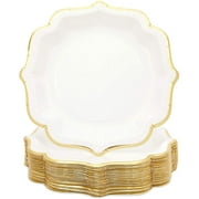 48 Pcs Scalloped White Paper Plates 9 inch with Gold Foil for Birthday Party Supplies Decorations