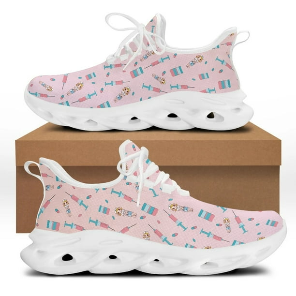 Yikeluo Zapatos de enfermera con dibujos animados rosas para mujer, planos, para correr, de malla ligera