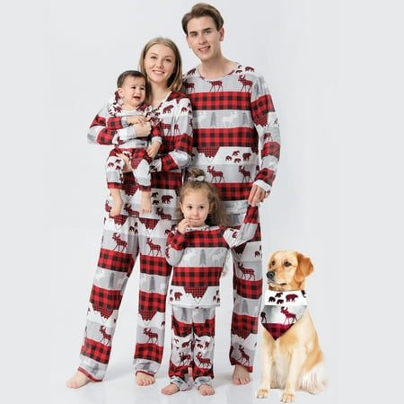 

FUNIER Family Christmas Pajamas Sleepwear Set Reindeer Buffalo Plaid Print Baby-Kids-Adult-Pet Size 2 Pieces Top and Pants Bodysuits Xmas PJS Sleepwear