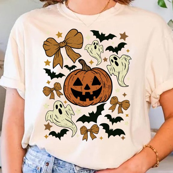 Spooky Season T-Shirt for Women, Cute Halloween Ghost Graphic Tee with Retro Checkered Design, Witchy Vibes Fall Shirt