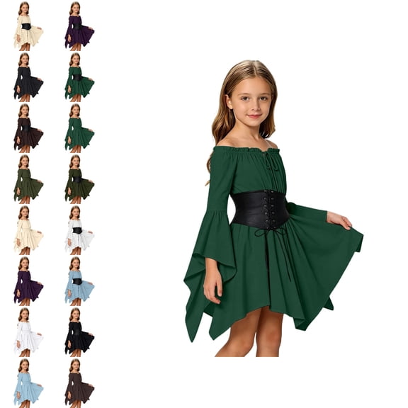 Girls Pirate Bell Sleeves Renaissance Fairy Dress with Corset Belt Flowy Girls Party Dress